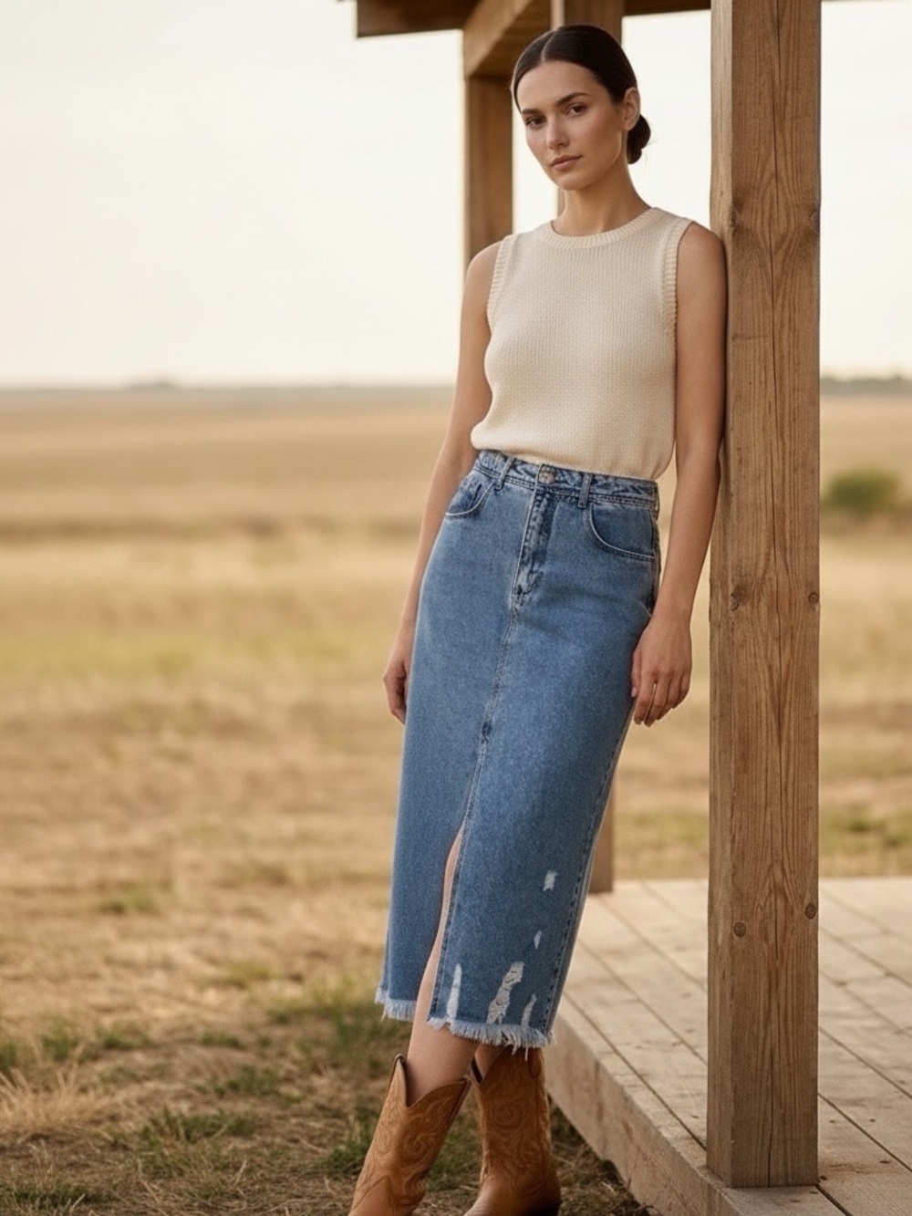 Alcance Jeans Distressed Denim Maxi Skirt Front Slit Frayed Hem 28 Waist